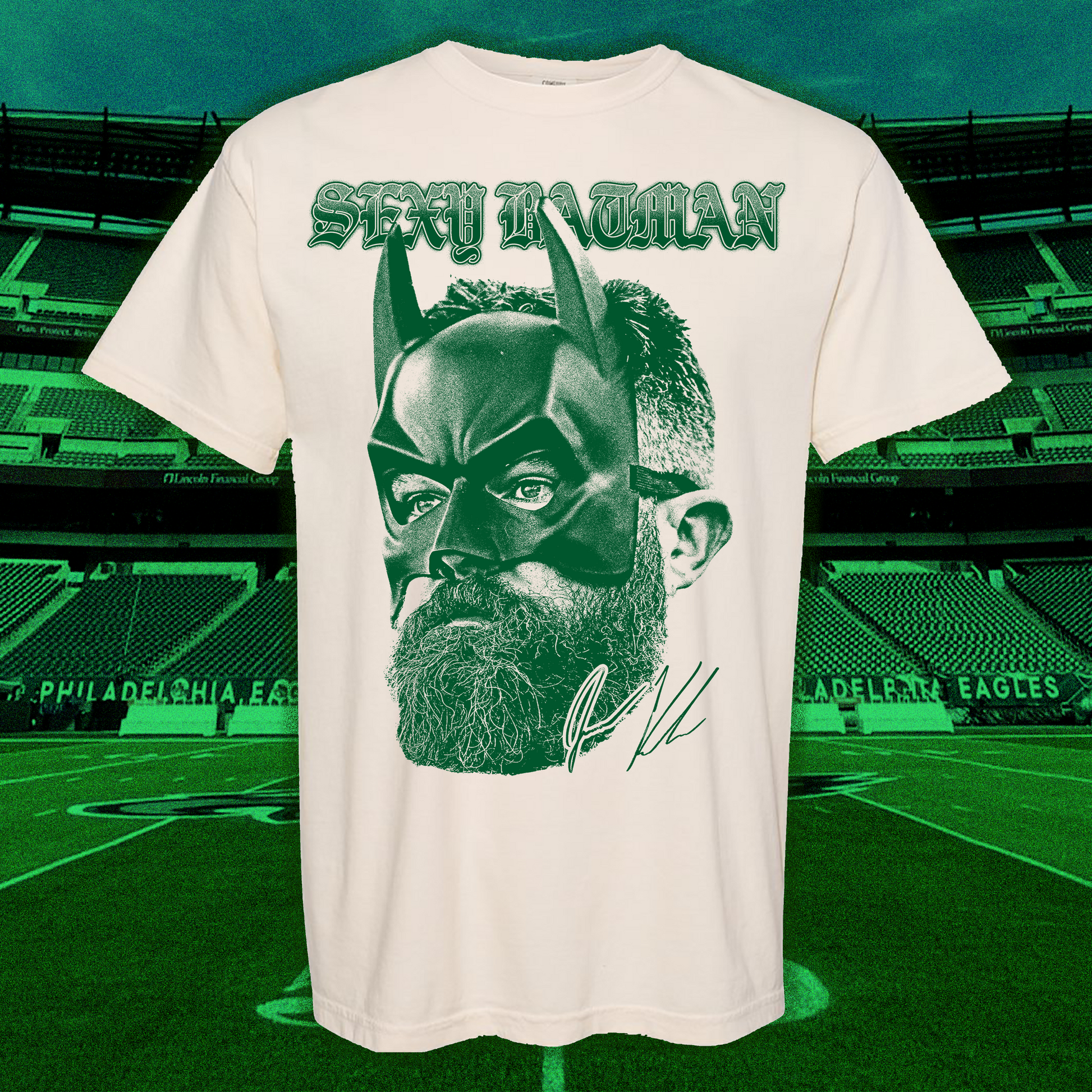 Ivory t-shirt with 'Sexy Batman' Jason Kelce screen-printed graphic by Always Outside